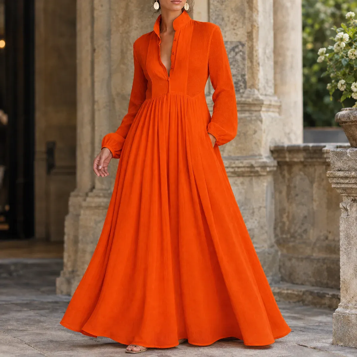 Constance Gathered Maxi Dress in Orange Red