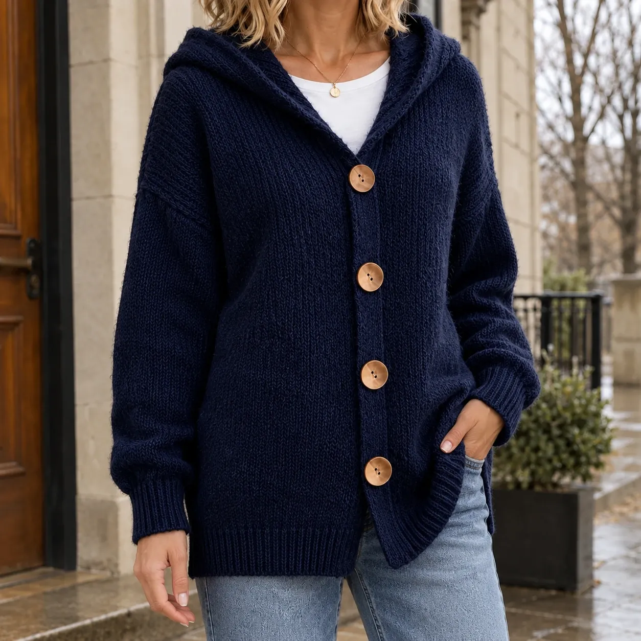 Katherine-June Hooded Cardigan in Navy Blue