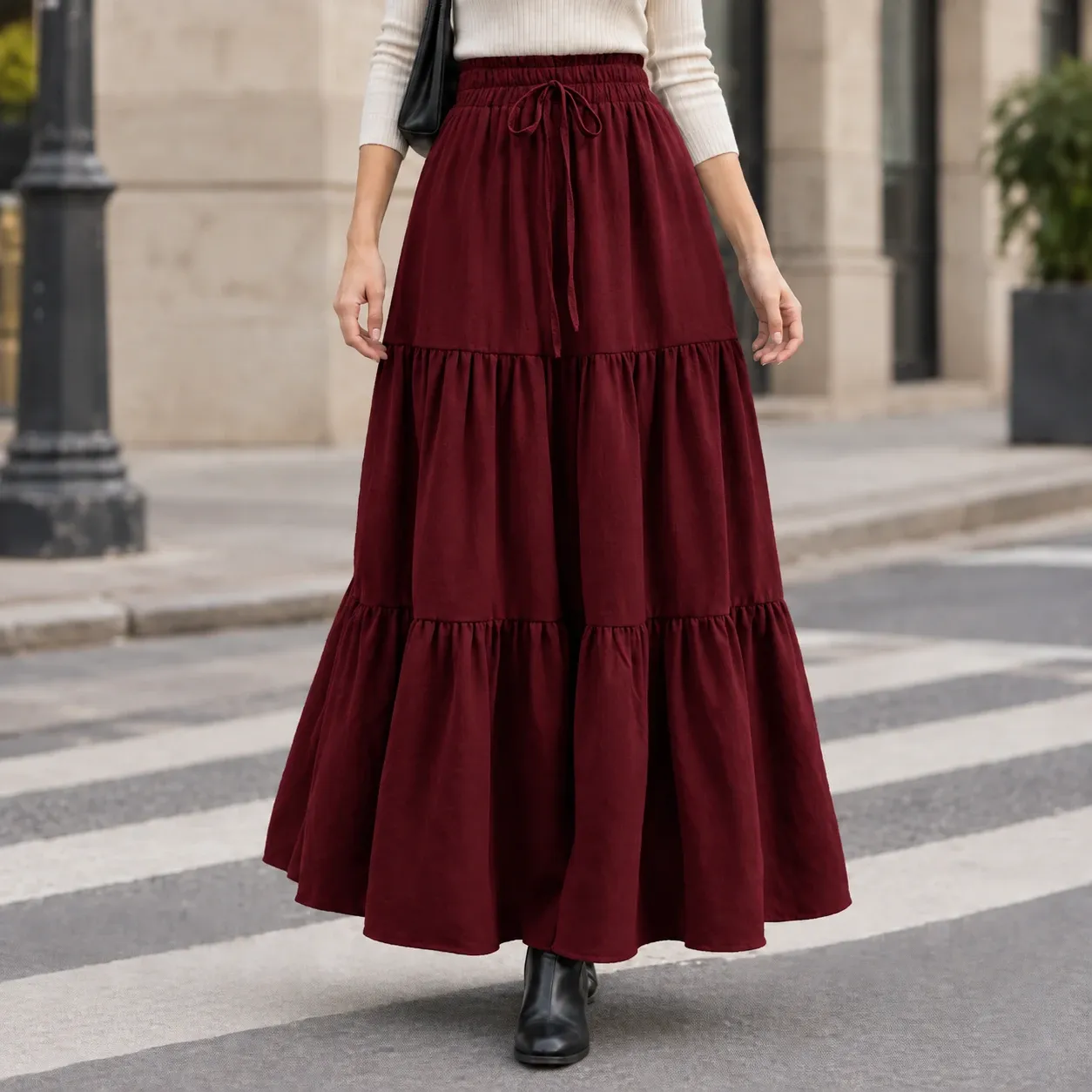 Guinevere Tiered Maxi Skirt in Burgundy