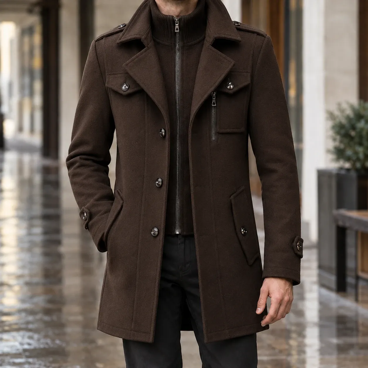 Caspian-Dean Wool Coat in Brown
