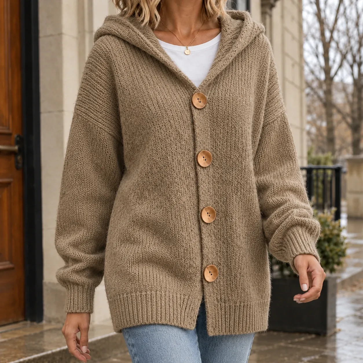 Katherine-June Hooded Cardigan in Camel