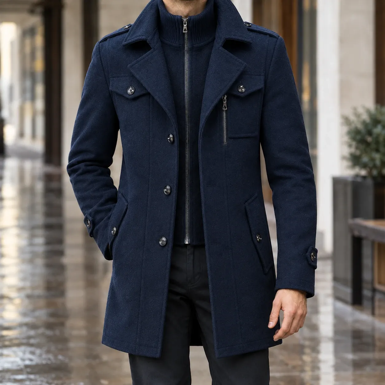 Caspian-Dean Wool Coat in Navy Blue