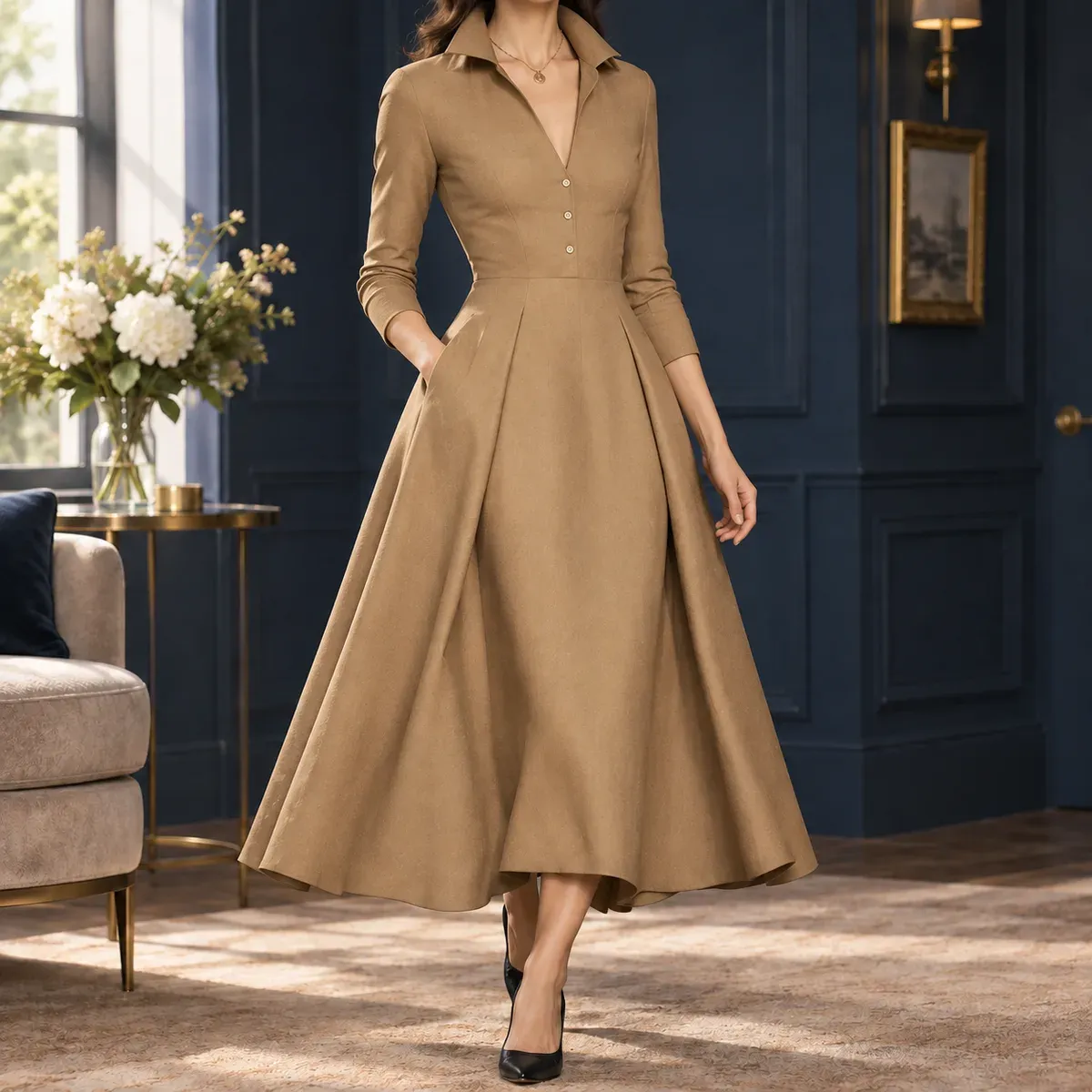 Ariana A-Line Dress in Khaki