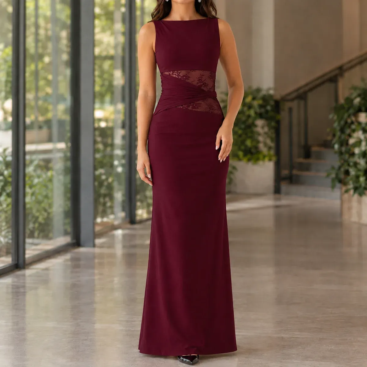Gillian Lace Panel Dress in Wine Red