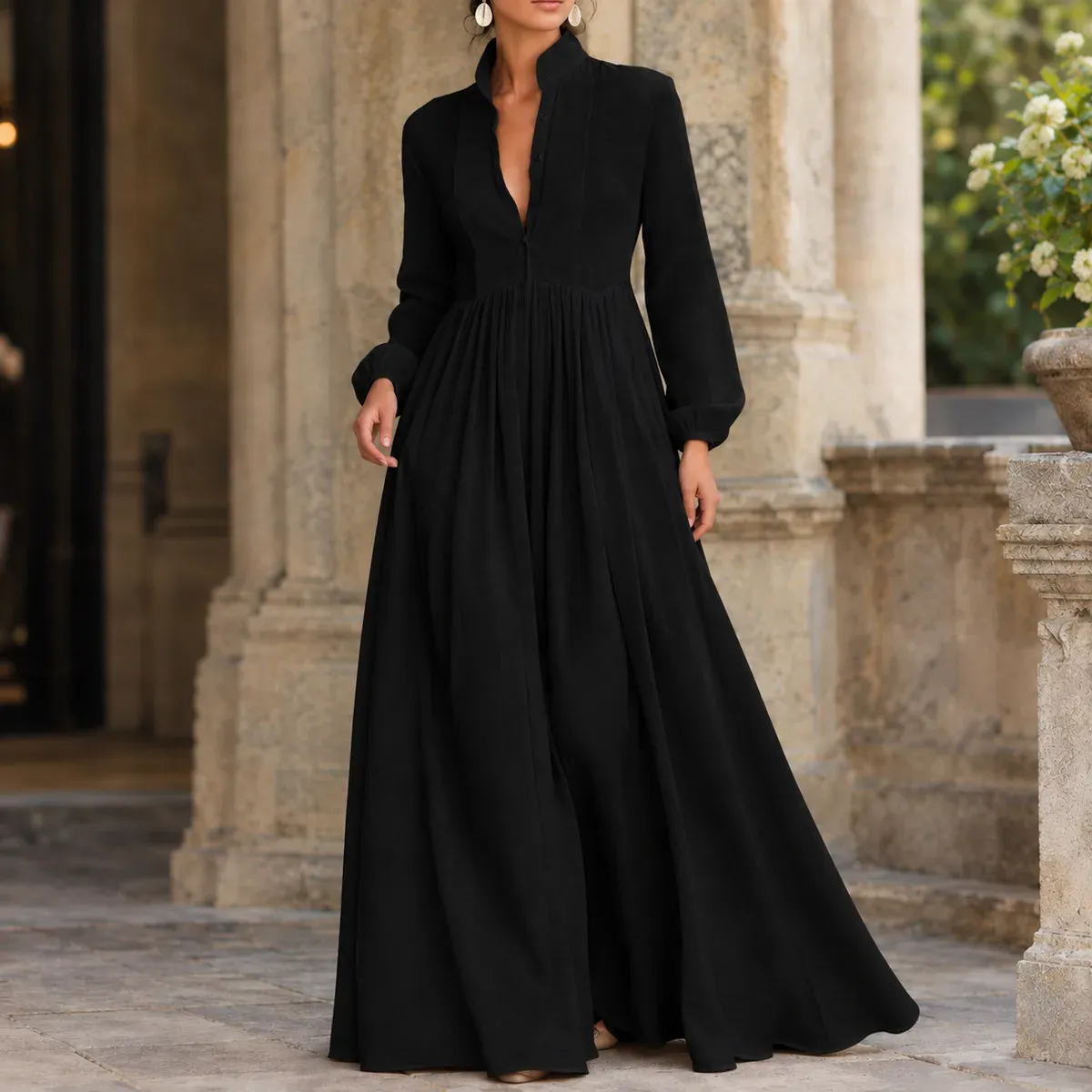 Constance Gathered Maxi Dress in Black