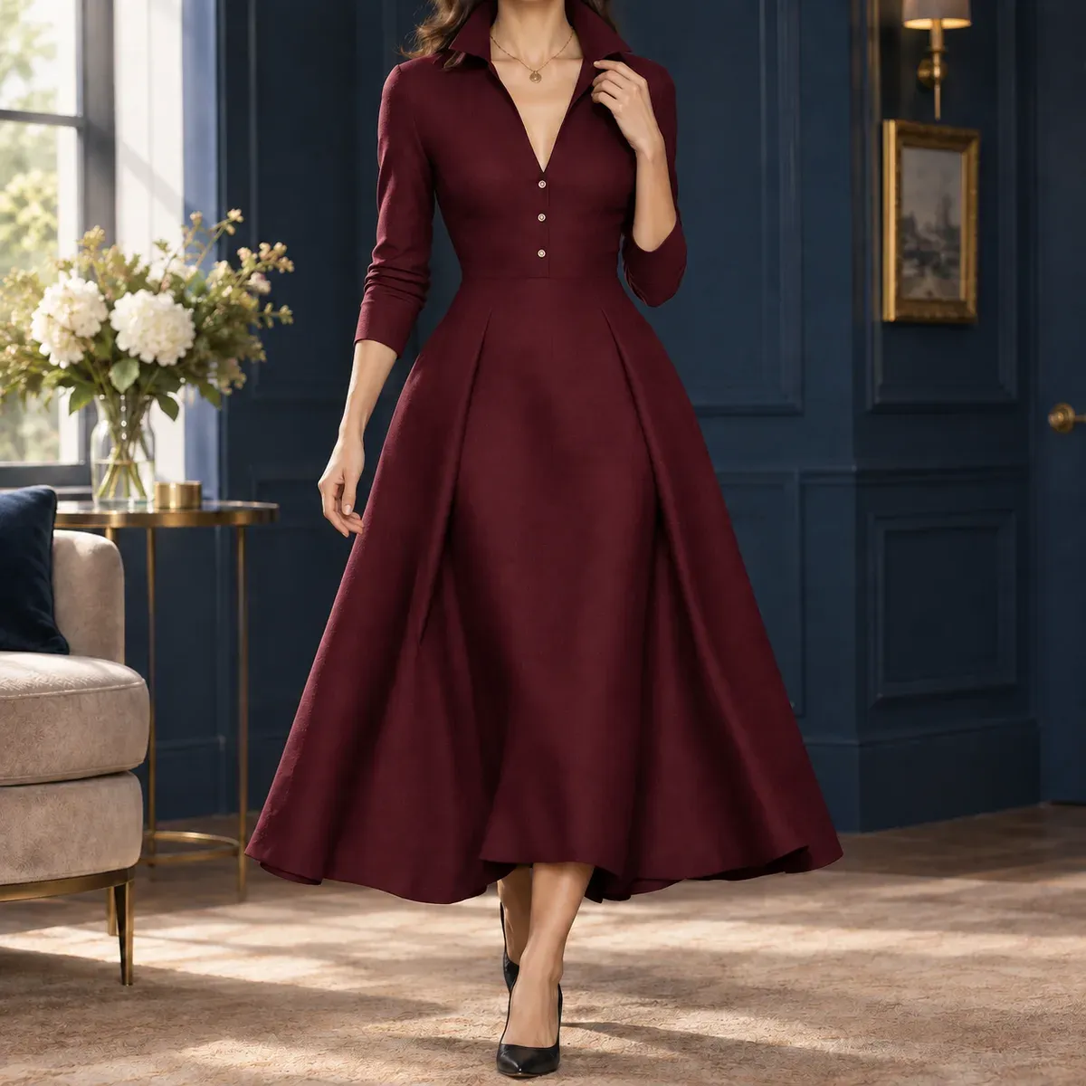 Ariana A-Line Dress in Wine Red